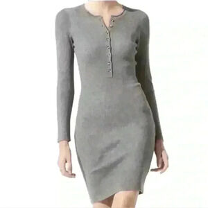ASTR Ribbed Long Sleeve Bodycon Dress Button Crew Heather Gray, Womens Size XS